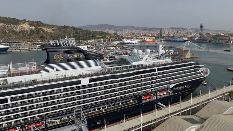 Explora I in the port of Barcelona, all Explora Journeys vessels will be equipped with the latest environmental and marine technologies, the ship Explora I is the cruise passengers sister company msc cruises.