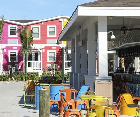 Colourful seating at a restaurant in Ocean Cay| 600x500