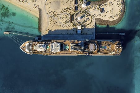 Eagle View of the MSC Seashore docked at Ocean Cay | 600 x 400
