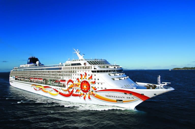 A photo of the Norwegian Sun, part of the Norwegian Cruise line fleet, luxurious cruise ship sailing on the open sea.