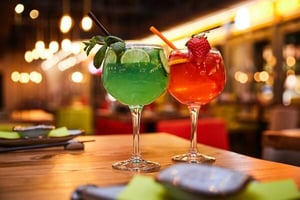 två cocktails, en mojito och den andra strawberry daiquiri serveras i Kaito Sushi Bar specialrestauranger ombord MSC Grandiosa