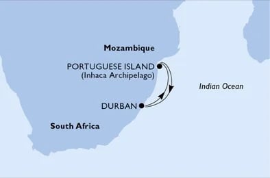 A map of the itinerary that the MSC Orchestra will take from Durban, South Africa to her enchanting destinations of Portuguese Island Cruise