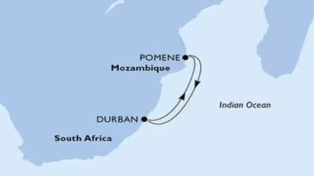 A map of a 4 nights cruises to Pomene on MSC Cruises local south african cruise from Durban South Africa
