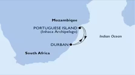 A map of the itinerary that the MSC Orchestra part of the MSC cruises.co.za cruise line fleet will take from Durban to her enchanting destinations of Portuguese Island Cruise - durban cruise ship prices