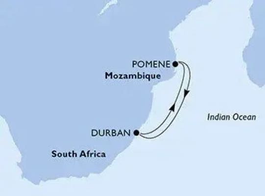Map of the itinerary to Pomene, Mozambique on an 4 night cruise from Durban to Pomene onboard MSC Splendida