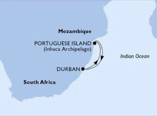 typical 3 nights from Durban South Africa to the portuguese Islands map