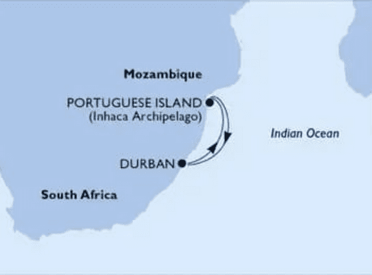 Map of where Portuguese Island, Mozambique is situated on a Oh Ship 2023 Cruise