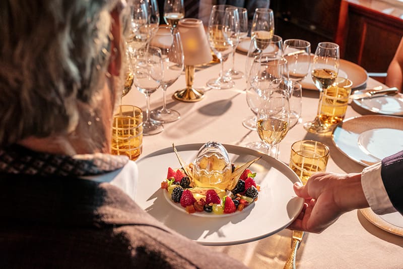 Detail of a dessert at La Dame Restaurant onboard the Silver Cloud, part of the expedition fleet of Silversea Cruise 