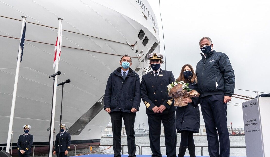 MSC Cruises today took delivery of MSC Virtuosa at at Chantiers de l’Atlantique in Saint Nazaire, in front of the ship, Pierfrancesco Vago and his daughter Zoe
