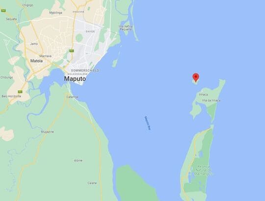 A Map of the location of the uninhabited island of Portugues Island in the bay of Maputo outside the Southern Africans country of Mozambique - in the Indian Ocean on the African Coast A Map of the location of the uninhabited island of Portugues Island in the bay of Maputo outside the Southern Africans country of Mozambique - in the Indian Ocean on the African Coast