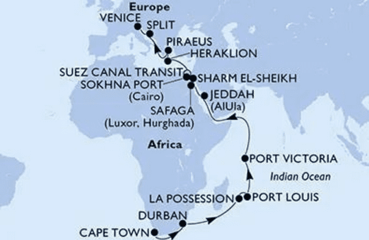2D Map of the 30 Nights repositioning cruise from Cape Town on a journey to Venice on MSC Cruises