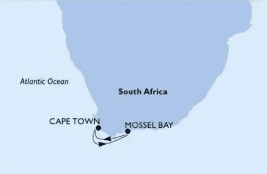 2D map of the 3 Nights cruise to Mossel Bay from Cape Town itinerary on MSC Sinfonia