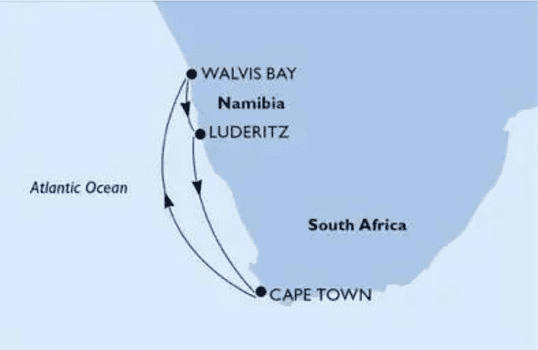 2D map of the 5 Nights cruises to Walvis Bay & Luderitz from Cape Town itinerary on one of MSC Cruises oldest ship MSC Sinfonia