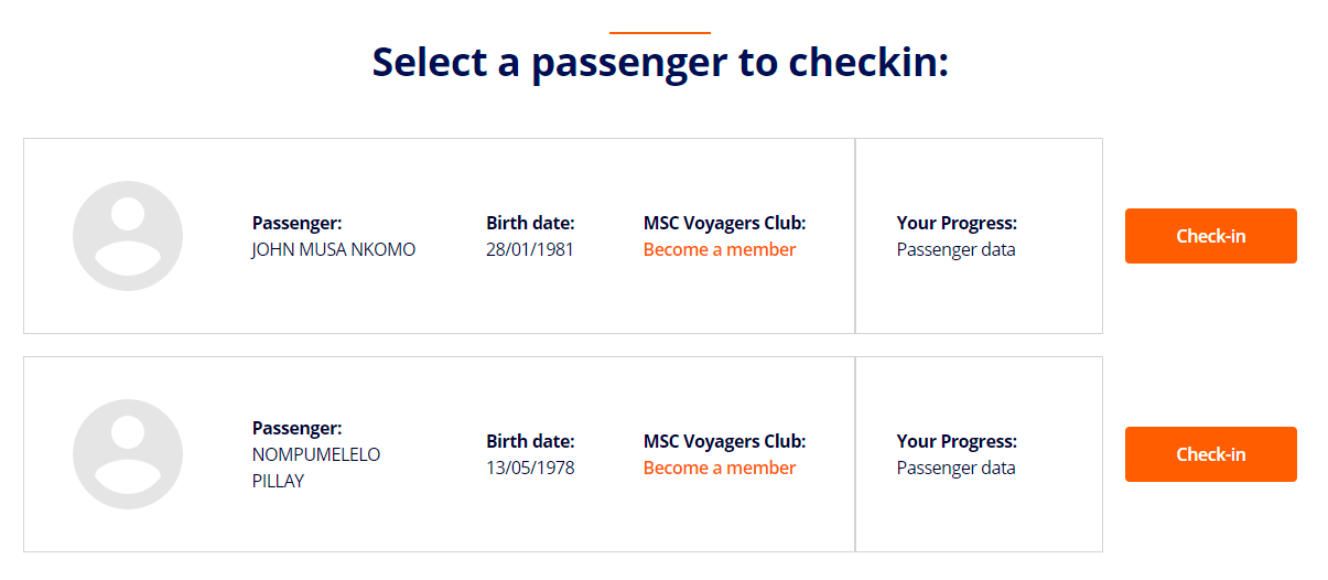 Select a passenger to do the web check in for