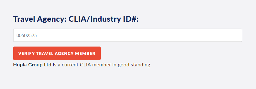 Confirmation of that Hupla is a Travel Agency member of the Cruise lines International Association, CLIA the world's largest cruise industry trade organistaion